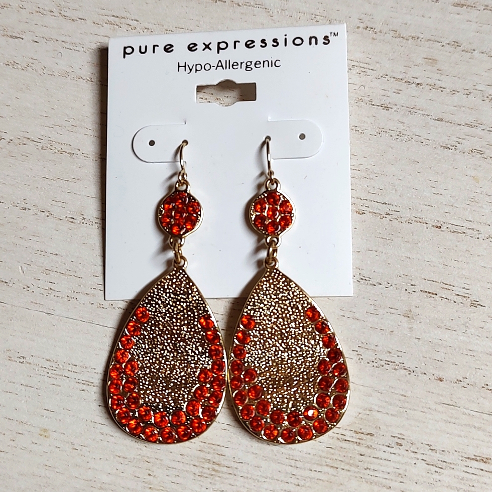 3 For $15 Wavy Stamped Gold Waterdrop With Orange Bling Stone Dangles